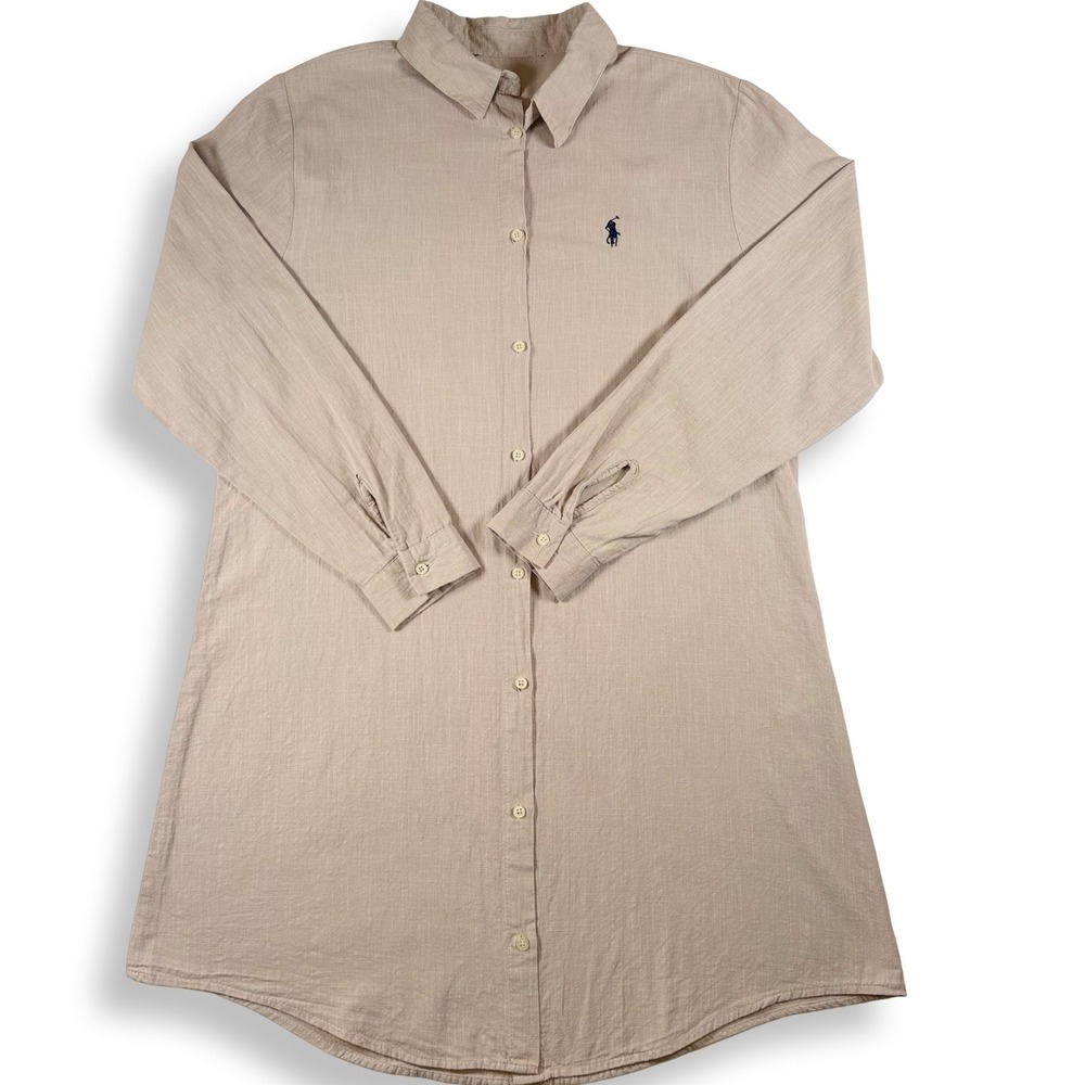 Polo Ralph Lauren Womens Tan Cotton Button Down Shirt Dress Long Sleeve Logo M/L
